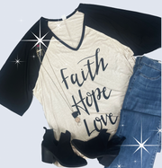 26 GT (Faith-Hope-Love) Oatmeal/Black  Graphic Tee Plus CURVY BRAND (May Size Down 1 Size)