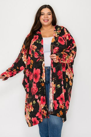 30 OT {Reflection Of Time} Black Floral Knit Hooded Cardigan EXTENDED PLUS SIZE 3X 4X 5X