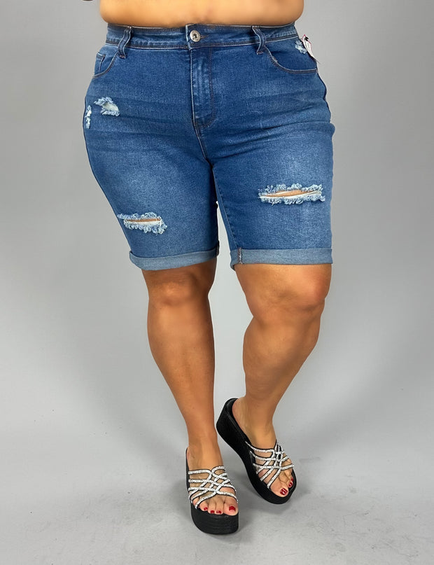 BT-G {Sandpiper} Blue Distressed Mid Rise Jegging Shorts PLUS SIZE 18W 22W