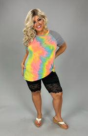 33 CP-P {All I Know} Neon Coral Tie Dye Stripe Sleeve Top PLUS SIZE XL 2X 3X