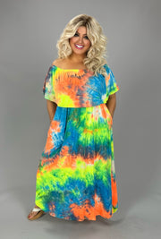 LD-Z {Always Carefree} Blue/Orange Tie Dye Off Shoulder Maxi Dress  Extended Plus Curvy Brand