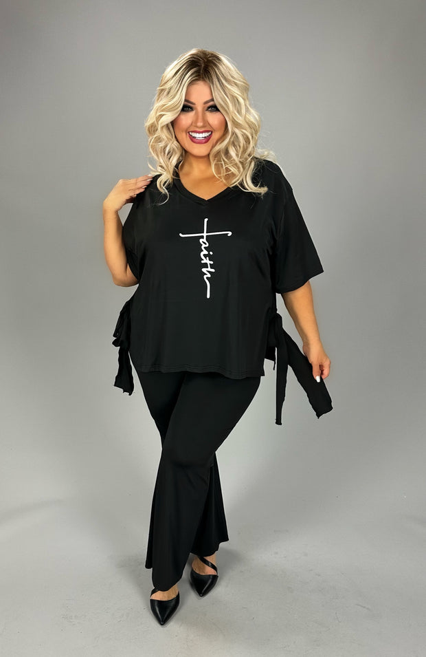 SET {Strength In Faith} Black "faith" Pant Set w/Side Ties CW PLUS SIZE 3X