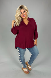 36 SQ {After Sunset} Burgundy Top w Cuffed Sleeves PLUS SIZE 1X 2X 3X