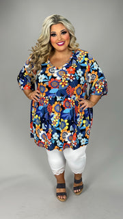 49 PSS {Garden Gate} Blue/Orange Floral Babydoll V-Neck Top  EXTENDED PLUS SIZE 3X 4X 5X