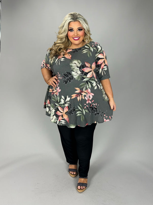 30 PSS {Refreshing Charm} Charcoal Floral Waffle Knit Top EXTENDED PLUS SIZE 3X 4X 5X