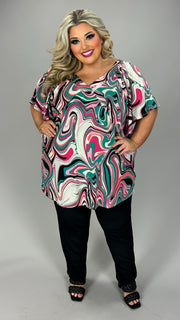 45 PSS {Swirl Envy} Teal/Pink Swirl Print V-Neck Top EXTENDED PLUS SIZE 4X 5X 6X