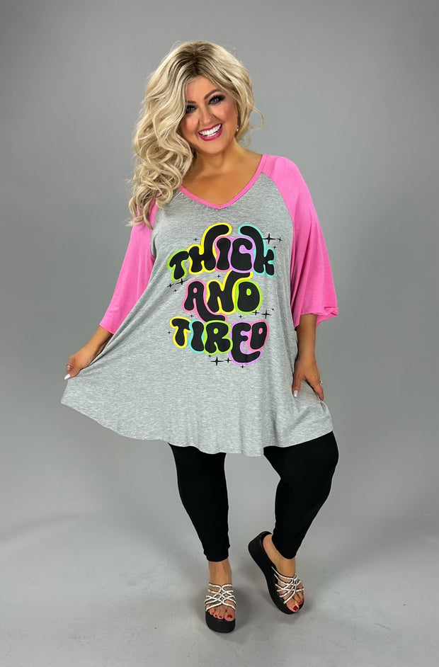 45 GT {Thick and Tired} Grey/Pink Graphic Tee Curvy Brand XL 2X 3X 4X 5X 6X (May Size Down 1 Size)