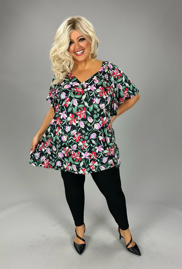 43 PSS {Love Without End} Black Floral V-Neck Top  EXTENDED PLUS SIZE 1X 2X 3X 4X 5X 6X