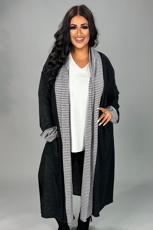 15 OT {Impressive Dressing} Black Long Duster w/Print Trim PLUS SIZE 1X 2X 3X