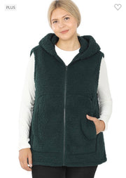 39 OT-Q {Looking For Fun} Forest Green Sherpa Vest W/Hood PLUS SIZE 1X 2X 3X