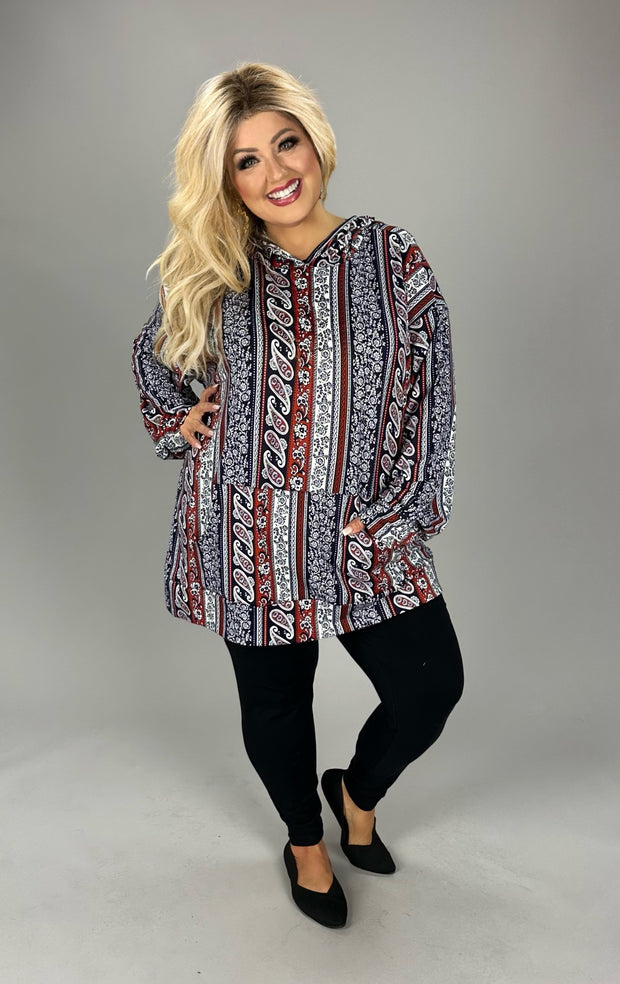 30 HD {Naturally Nostalgic} Navy/Brown Paisley Print Hoodie EXTENDED PLUS SIZE 3X 4X 5X