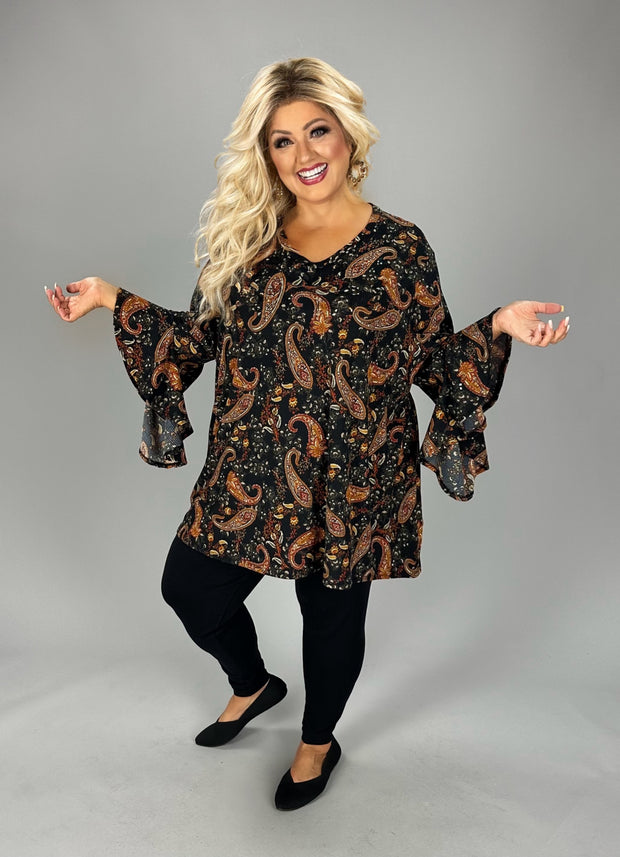 1-80 PQ {One Way Ticket} Black/Brown Paisley Ribbed Top EXTENDED PLUS SIZE 4X 5X 6X