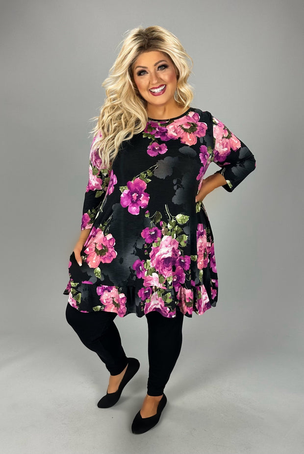 93 PQ-B {Brilliant Babe} Black Floral Ruffle Hem Dress PLUS SIZE 1X 2X 3X