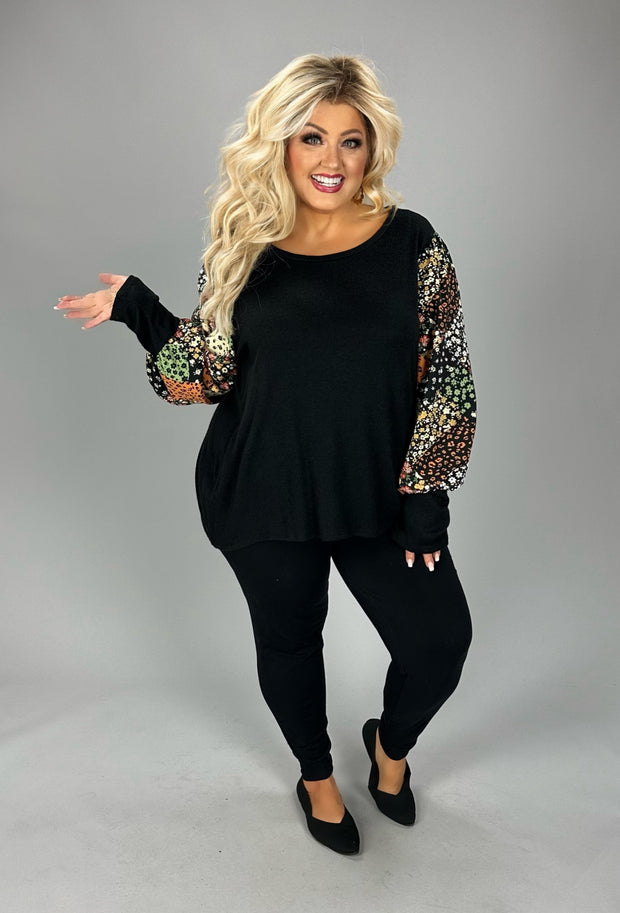 48 PLS {Artistic Nature} Black Top w/Floral Sleeves PLUS SIZE XL 2X 3X