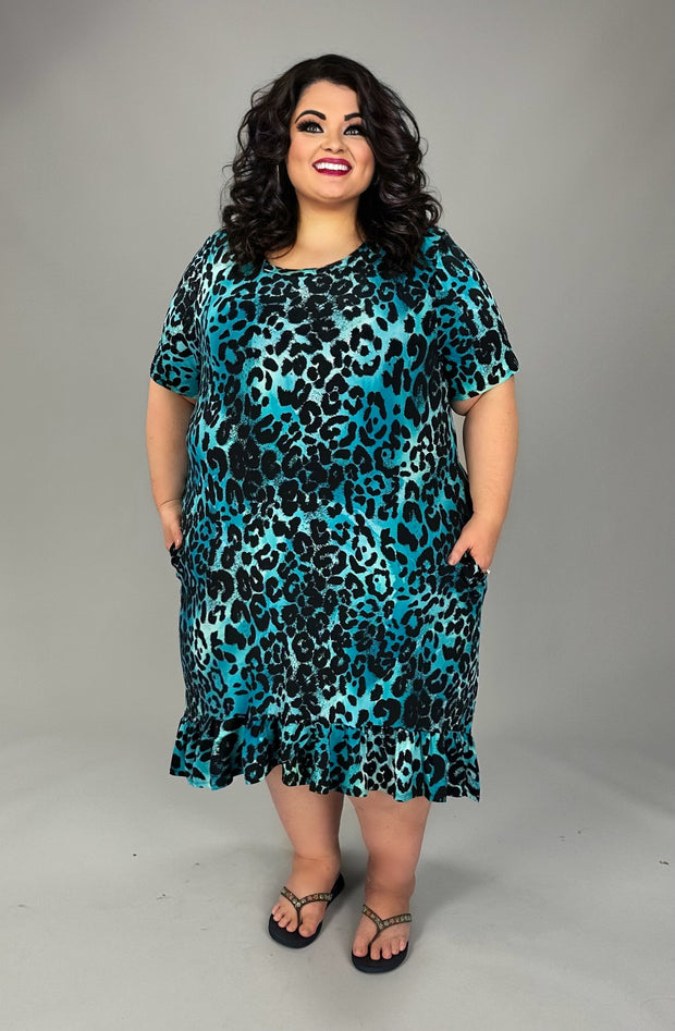 LD {It's My Day} Teal Leopard Hi-Low Ruffle Hem Dress EXTENDED PLUS SIZE 3X 4X 5X