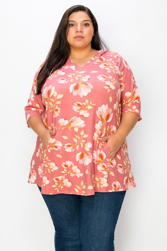 36 HD {As Pretty Does} Pink Floral Short Sleeve Hoodie CURVY BRAND EXTENDED PLUS SIZE 3X 4X 5X