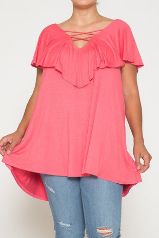 20 SSS {Hold Back Time} Coral Double Cross Neck Top CURVY BRAND PLUS SIZE 1X 2X 3X 4X 5X 6X