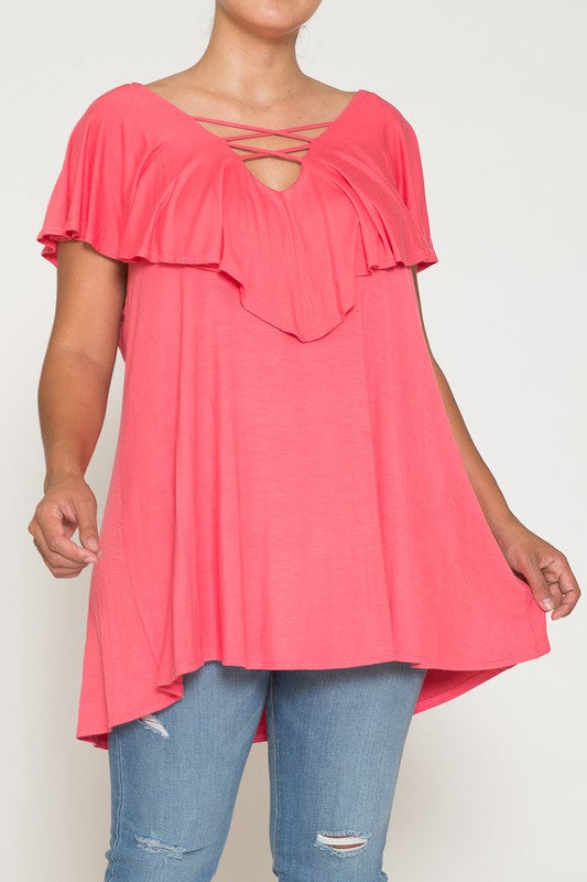 20 SSS {Hold Back Time} Coral Double Cross Neck Top CURVY BRAND PLUS SIZE 1X 2X 3X 4X 5X 6X