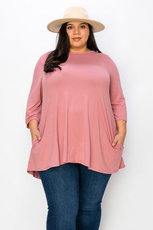 32 SQ {One More Shot} Pink Quarter Sleeve Round Hem Top EXTENDED PLUS SIZE 3X 4X 5X