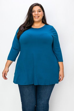 39 SQ {One More Shot} Teal Quarter Sleeve Round Hem Top EXTENDED PLUS SIZE 3X 4X 5X