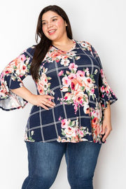 22 PQ {On Every Word} Navy Floral Windowpane Top PLUS SIZE 1X 2X 3X