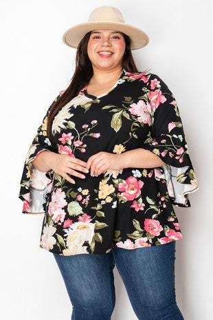 23 PQ {With Love} Blk Pink Yellow Flower Cascade Sleeve Top PLUS SIZE 1X 2X 3X