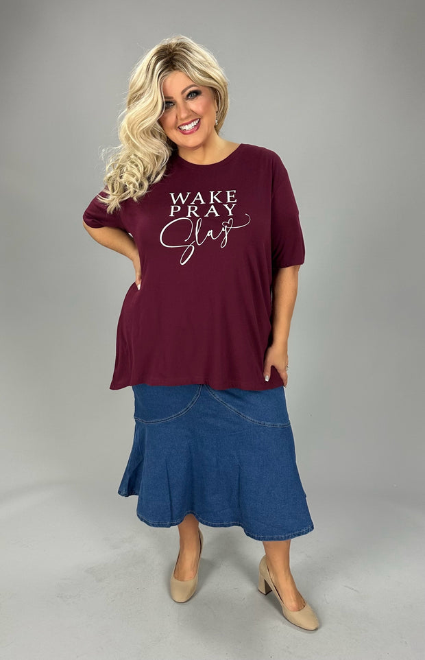 54 GT-H {Wake Pray Slay} Burgundy Graphic Tee PLUS SIZE 3X