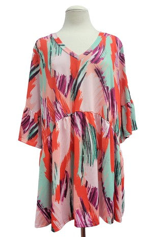 28 PQ {Going For It} Multi Brushstroke Print Babydoll Top EXTENDED PLUS SIZE 3X 4X 5X