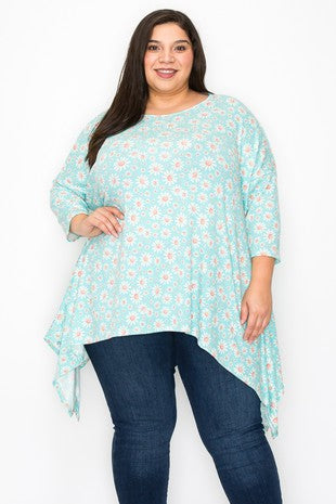 16 PQ {Through The Garden} Mint Daisy Print Asymmetrical Tunic EXTENDED PLUS SIZE 3X 4 X 5X