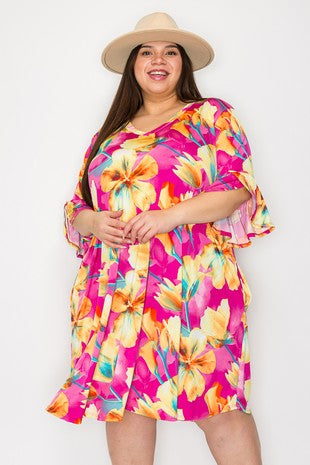 18 PQ {All My Love} Fuchsia Yellow Floral Tulip Sleeve Dress EXTENDED PLUS SIZE 4X 5X 6X