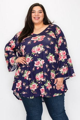 25 PQ {Good Karma} Navy Pink Floral V-Neck Bell Sleeve Top EXTENDED PLUS SIZE 3X 4X 5X