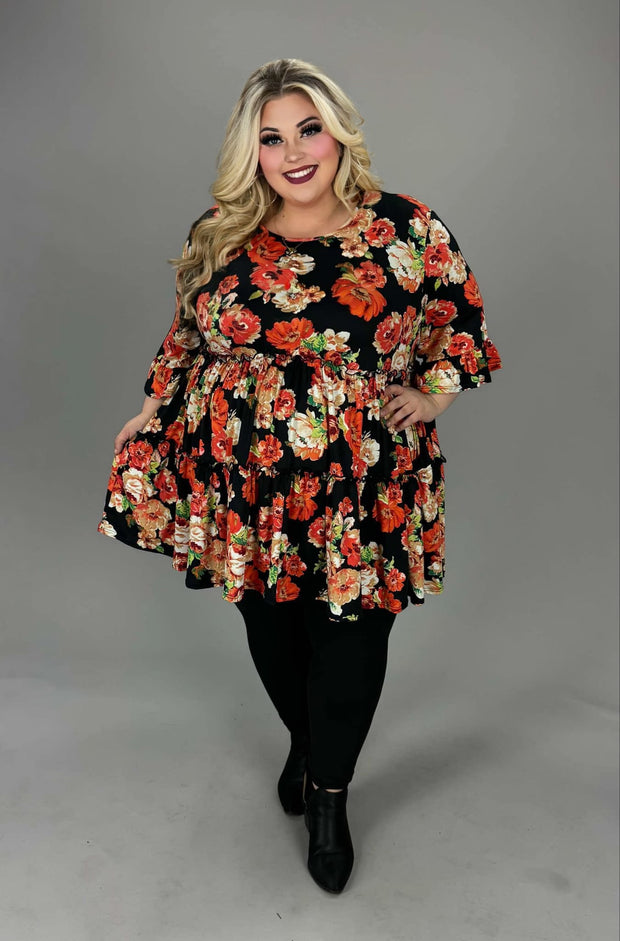 11 PSS {My Happy Season} Black/Rust Floral Tiered Top EXTENEDED PLUS SIZE 3X 4X 5X