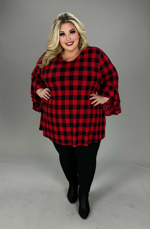 18 PQ {Ideal Confidence} Red/Black Plaid V-Neck Top  w/Ruffle Sleeves EXTENDED PLUS 4X 5X 6X