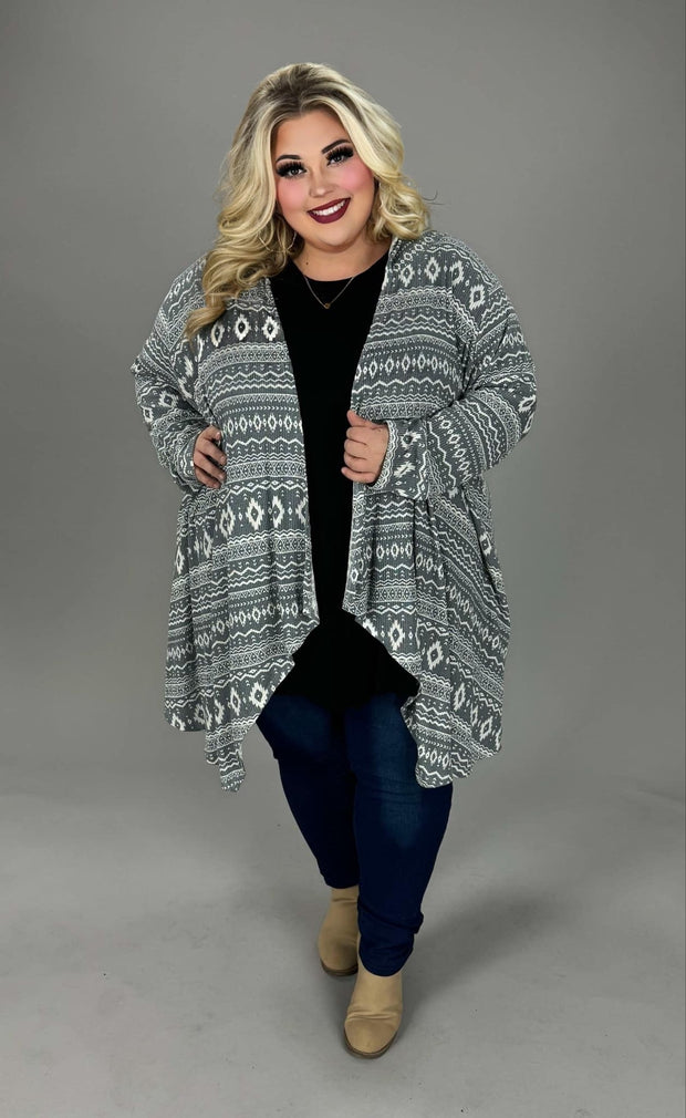 52 OT {Wander Along} Grey Tribal Print Ribbed Cardigan EXTENDED PLUS SIZE 4X 5X 6X