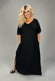 LD {Little Diva} Black Rhinestone Sleeve & Pocket Maxi Dress PLUS SIZE 1X 2X 3X