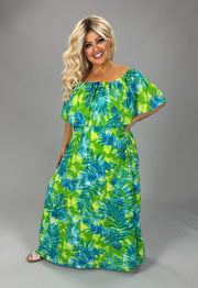 SALE!! LD-B {Waiting On Love} Green/Blue Leaf Print Maxi Dress PLUS SIZE 1X 2X 3X