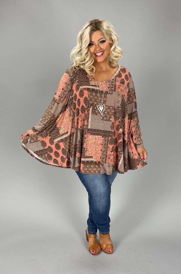 31-PQ {Arizona Skies} Coral & Brown Patchwork  V-Neck Top 3X