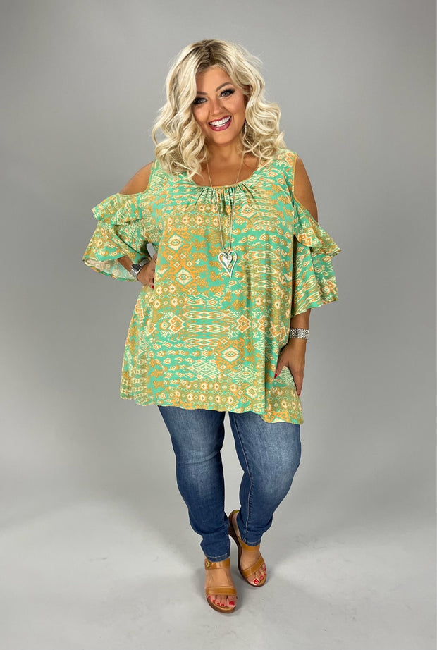 31 OS {So Charming} Mint/Orange Print Open Shoulder Top PLUS SIZE 1X 2X 3X