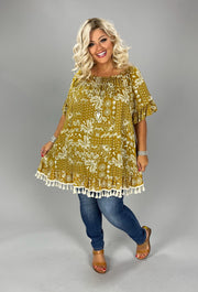 SALE! 23 OS {Wish You Well} Mustard Off Shoulder Paisley Top w/Fringe PLUS SIZE 1X 2X 3X