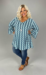 94 PSS {Working An Angle} Mint/Ivory Geo Print V-Neck Top EXTENDED PLUS SIZE 3X 4X 5X