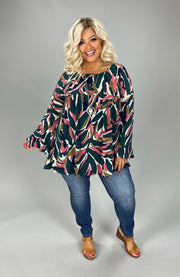 96 PLS-R {WAITING ON LOVE} GREEN/MAUVE PRINT BABYDOLL TOP PLUS SIZE 1X 2X 3X