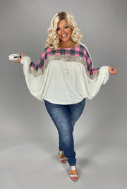 60 CP-A {That Dazzling Glow} Ivory/Pink Plaid Top PLUS SIZE 1X 2X 3X