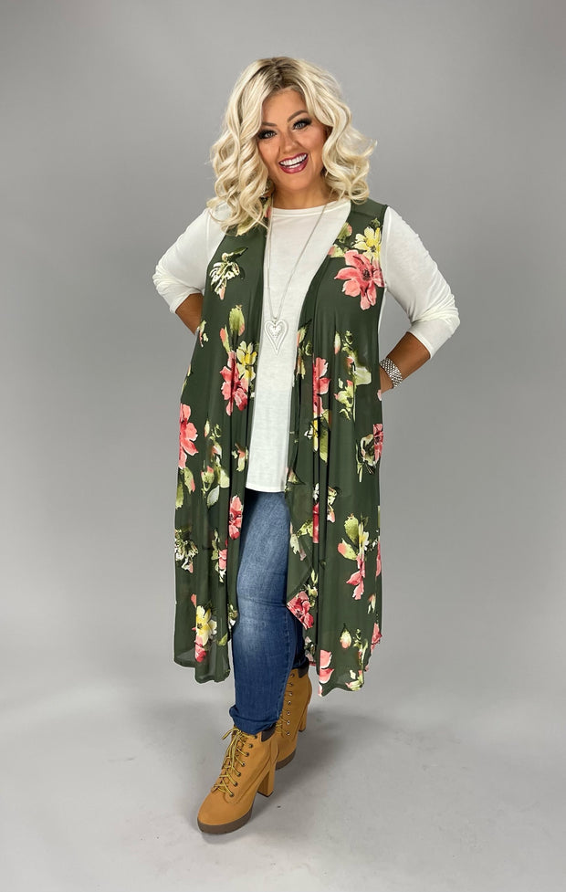 LD-R {My Happy Place} Olive Floral Long Vest PLUS SIZE 3X