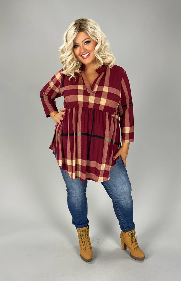 34 PQ {Keep It Stylish} Burgundy/Taupe Plaid Babydoll Top PLUS SIZE 1X 2X 3X