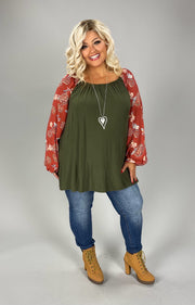 28 OS-O {To The Moon And Back} Olive/Paisley Print Top PLUS SIZE 1X 2X 3X