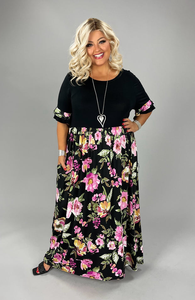 SALE!! LD-Z {Elegant Garden} Black/Pink Floral Print Maxi Dress EXTENDED PLUS SIZE 3X 4X 5X