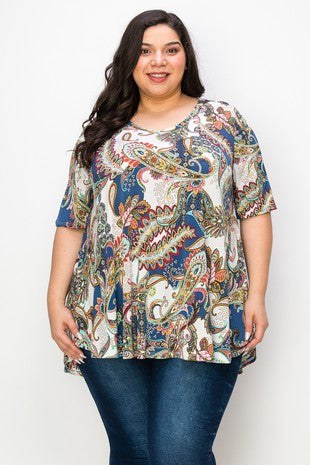 51 PSS {Enchanting Evenings} Blue Multi Paisley V-Neck Top EXTENDED PLUS SIZE 3X 4X 5X