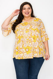 44 PQ {Pure Of Heart} Golden Yellow Floral Print Babydoll Top EXTENDED PLUS SIZE 3X 4X 5X