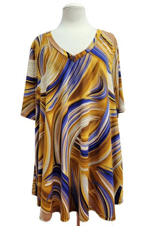 49 PSS {Spoil Yourself} Gold/Blue Swirl Print V-Neck Top EXTENDED PLUS SIZE 3X 4X 5X