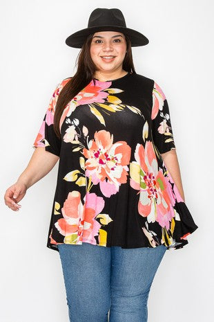 15 PSS {Here Is Love} Black Coral Large Floral Print Top EXTENDED PLUS 4X 5X 6X